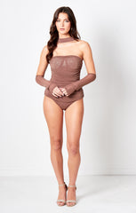 Mink Bandeau Diamanté Detail Ruched Bodysuit With Sleeves - Emery