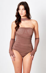 Mink Bandeau Diamanté Detail Ruched Bodysuit With Sleeves - Emery