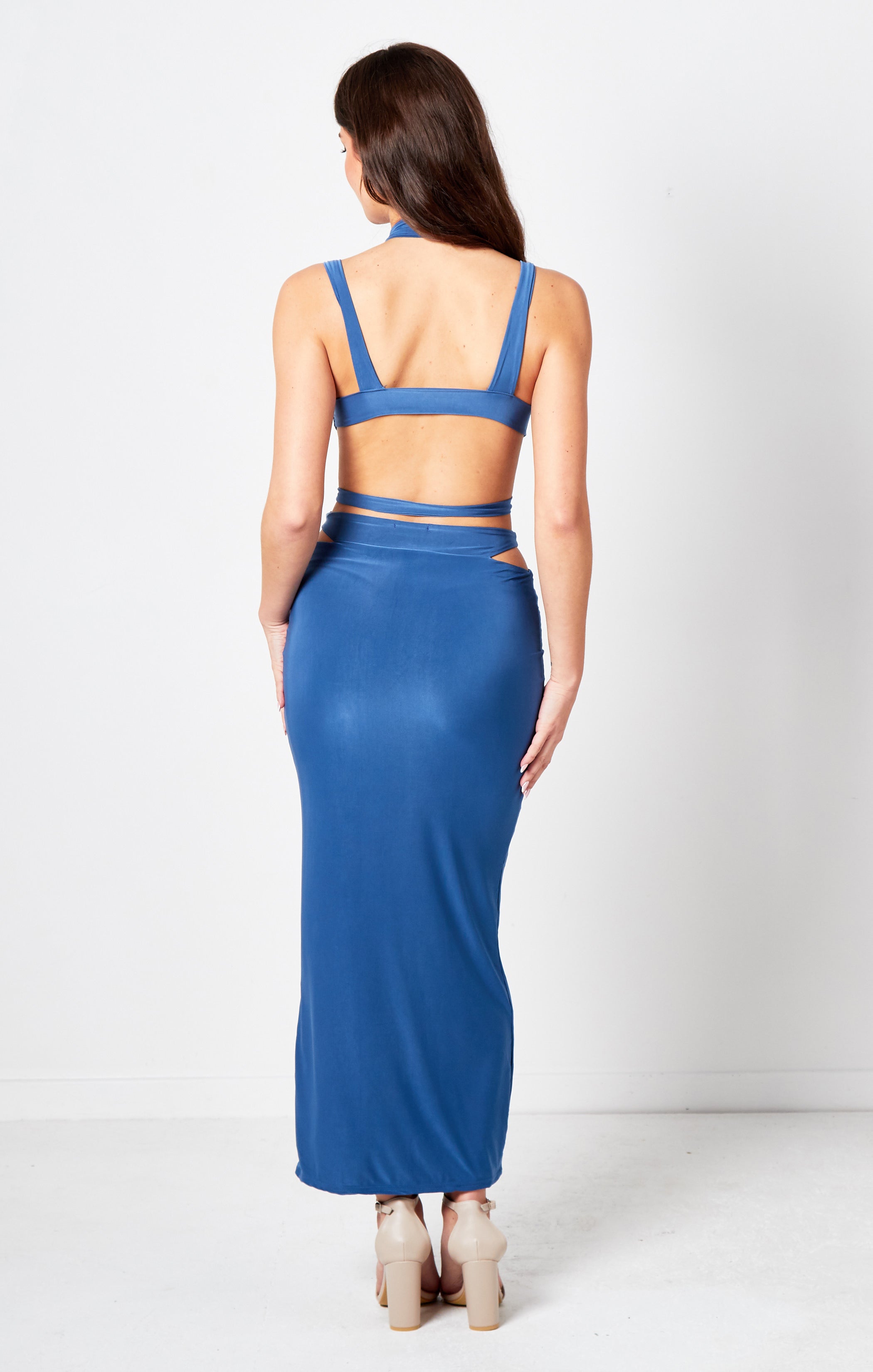 Blue Cross Over Plunge Cut Out Maxi Dress