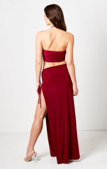 Red Strappy Bralette & Ruched Side Split Maxi Skirt Co-ord - Danica