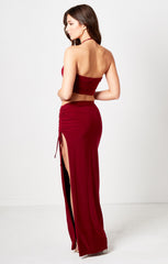 Red Strappy Bralette & Ruched Side Split Maxi Skirt Co-ord - Danica