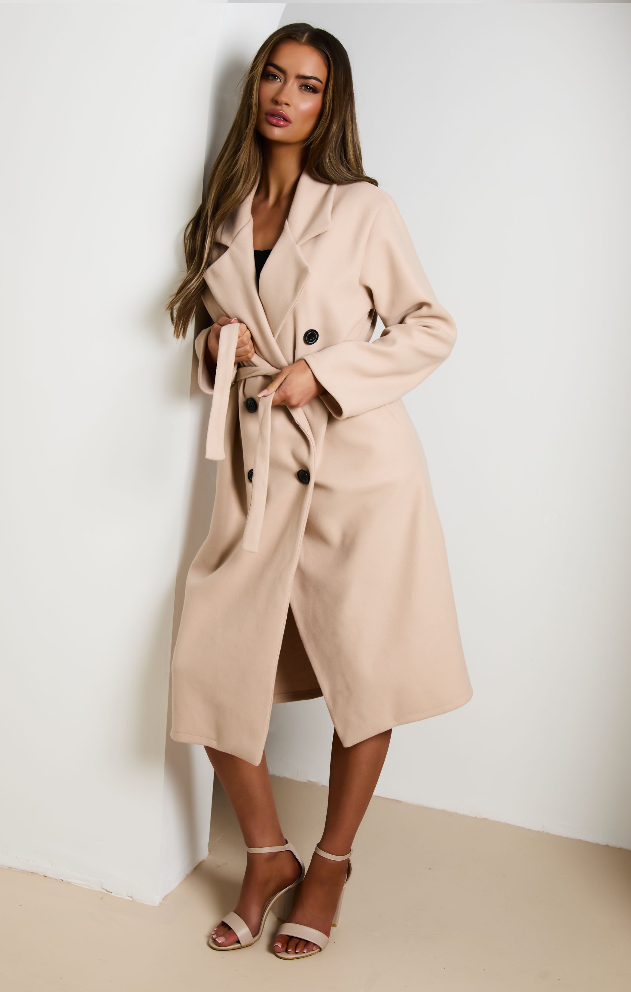 Stone Double Breasted Black Button Detail Belted Trench Coat Eliana