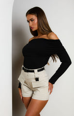 Stone Utility High Waisted Pocket Detail Shorts with Black Utility Belt - Ivy