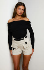 Stone Utility High Waisted Pocket Detail Shorts with Black Utility Belt - Ivy