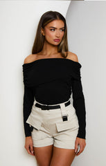 Stone Utility High Waisted Pocket Detail Shorts with Black Utility Belt - Ivy