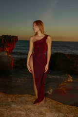 Red Cut Out Metal Detail High Neck Thigh Split  Maxi Dress - Ariana