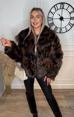 Brown Faux Fur Luxury Winter Fashion Black Accents Short Coat - Esmirelda