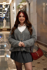 Grey Fluffy Knit V Neck Gold Button Up Soft Chunky Cardigan - Sibelina