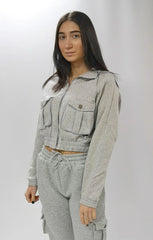 Grey Zip Up Long Sleeve Cargo Pocket Cropped Sweatshirt - Ayla