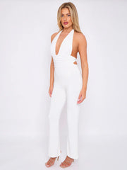 Cream Plunge Slinky Open Back Halter Jumpsuit - Giada
