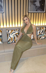 Khaki Plunge Neck Cut Out Bodycon Maxi Dress - Carol