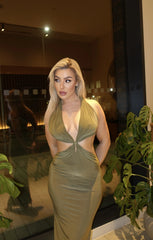 Khaki Plunge Neck Cut Out Bodycon Maxi Dress - Carol
