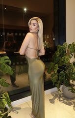 Khaki Plunge Neck Cut Out Bodycon Maxi Dress - Carol