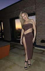 Brown Cutout Detail Twist Front Split Thigh Bodycon Dress - Linda