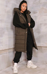 Khaki Sleeveless Longline Midi Zip Up Hooded Puffer Coat - Terri