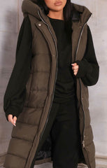 Khaki Sleeveless Longline Midi Zip Up Hooded Puffer Coat - Terri