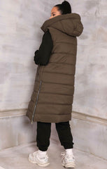Khaki Sleeveless Longline Midi Zip Up Hooded Puffer Coat - Terri