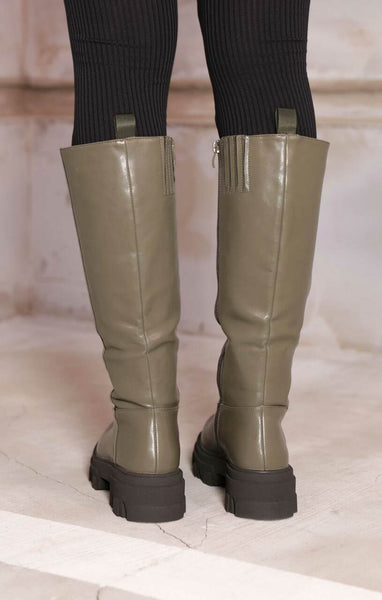 Khaki PU Faux Leather Chunky Platform Zip Up Knee High Biker Boots ...