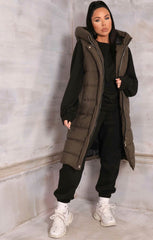 Khaki Sleeveless Longline Midi Zip Up Hooded Puffer Coat - Terri