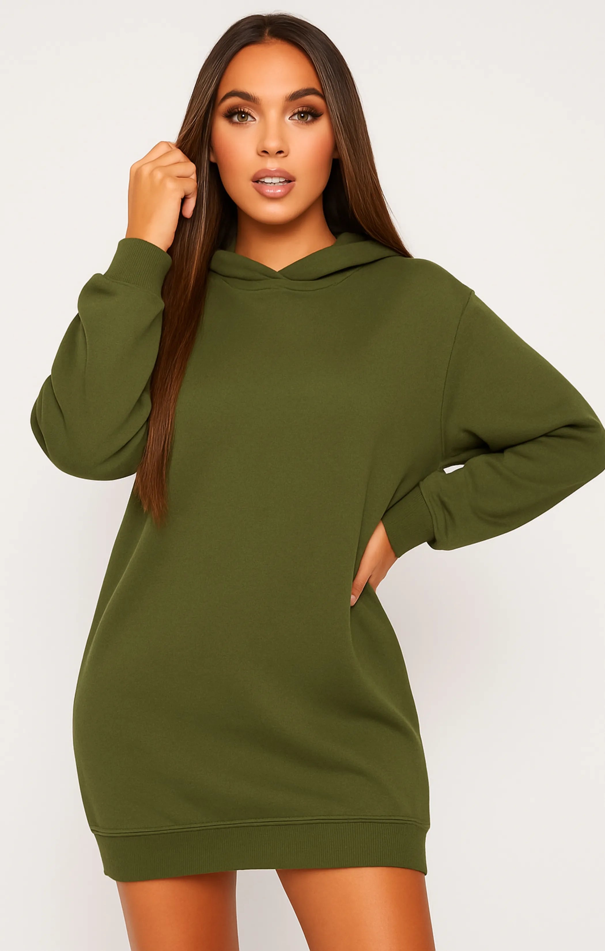 Khaki Oversized Baggy Pocket Sweat Hood Mini Dress