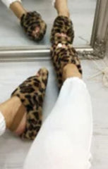 Leopard Fluffy Faux Fur Elasticated Back Flatform Slippers - Amara