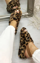 Leopard Fluffy Faux Fur Elasticated Back Flatform Slippers - Amara