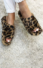 Leopard Fluffy Faux Fur Elasticated Back Flatform Slippers - Amara