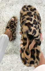 Leopard Fluffy Faux Fur Elasticated Back Flatform Slippers - Amara