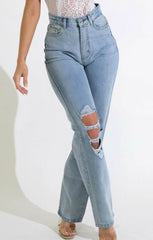 Blue Light Wash Double Extreme Rip Wide Leg Jeans - Louise
