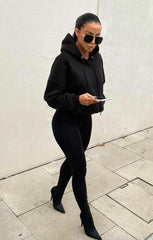 Black Oversized Matching Drawstring Rib Cuff & Hem Pocket Hoodie - Melissa