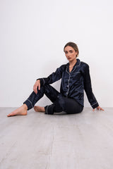 Navy Piping Detail Long Sleeve Satin Pyjama Set - Alena