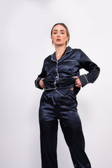 Navy Piping Detail Long Sleeve Satin Pyjama Set - Alena