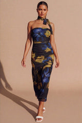 Black Floral Print Bandeau Ruched With Neck Scarf Maxi Dress- Fillna