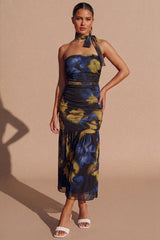 Black Floral Print Bandeau Ruched With Neck Scarf Maxi Dress- Fillna