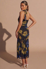 Black Floral Print Bandeau Ruched With Neck Scarf Maxi Dress- Fillna