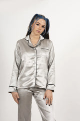 Grey Piping Detail Long Sleeve Satin Pyjama Set - Alena