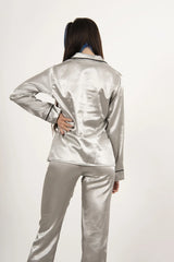 Grey Piping Detail Long Sleeve Satin Pyjama Set - Alena