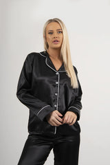 Black Piping Detail Long Sleeve Satin Pyjama Set - Alena