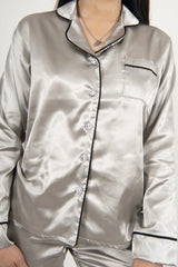 Grey Piping Detail Long Sleeve Satin Pyjama Set - Alena
