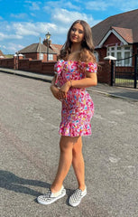 Pink Ditsy Floral Knot Front Shirred Mini Dress - Amarisse