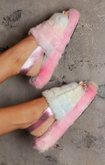 Pastel Rainbow Tie Dye Fluffy Faux Fur Elasticated Back Flatform Slippers - Amara