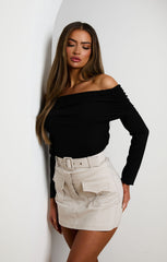 Stone High Waisted Cargo Skort with Utility Pocket and Self Fabric Belt - Riva