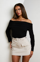 Stone High Waisted Cargo Skort with Utility Pocket and Self Fabric Belt - Riva