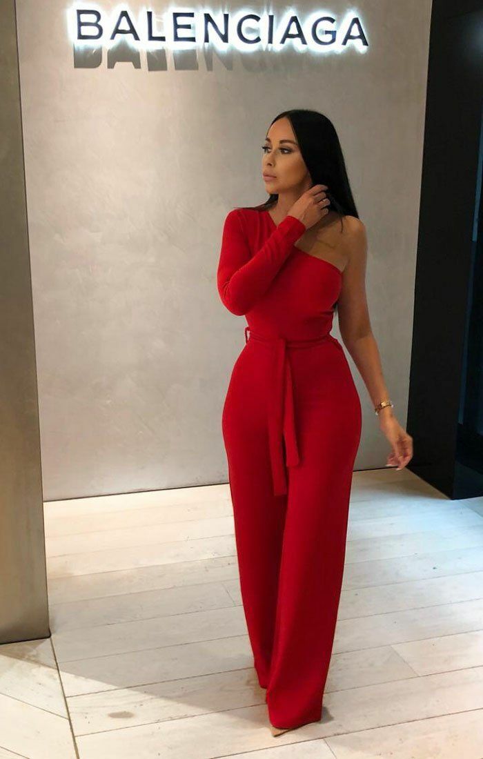 Red Belted One Shoulder Jumpsuit Jumpsuits Femme Luxe
