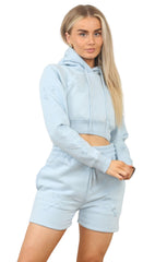 Light Blue Crucifix Cropped Hoodie And Shorts Loungewear Co-ord- Elora