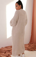 Stone Longline Rib Knitted Balloon Sleeve Pocket Detail Maxi Cardigan - Thea