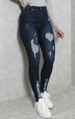 Blue Dark Wash High Waisted Distressed Frayed Hem Skinny Jeans, Jeans