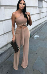 Beige Tie Front Slinky Wide Leg One Shoulder Jumpsuit - Heather