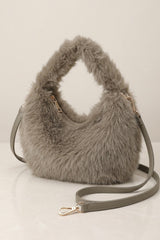 Taupe Faux Fur Shoulder Bag With Detachable Strap - Fluff