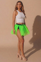 Neon Green Double Side Slit Tulle Mini Skirt - Fizzy